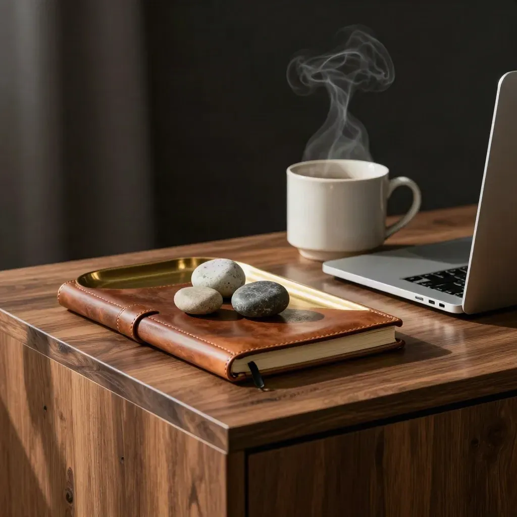 Closed notebook, stone markers, brass tray, and laptop beside rising steam on a dark table.