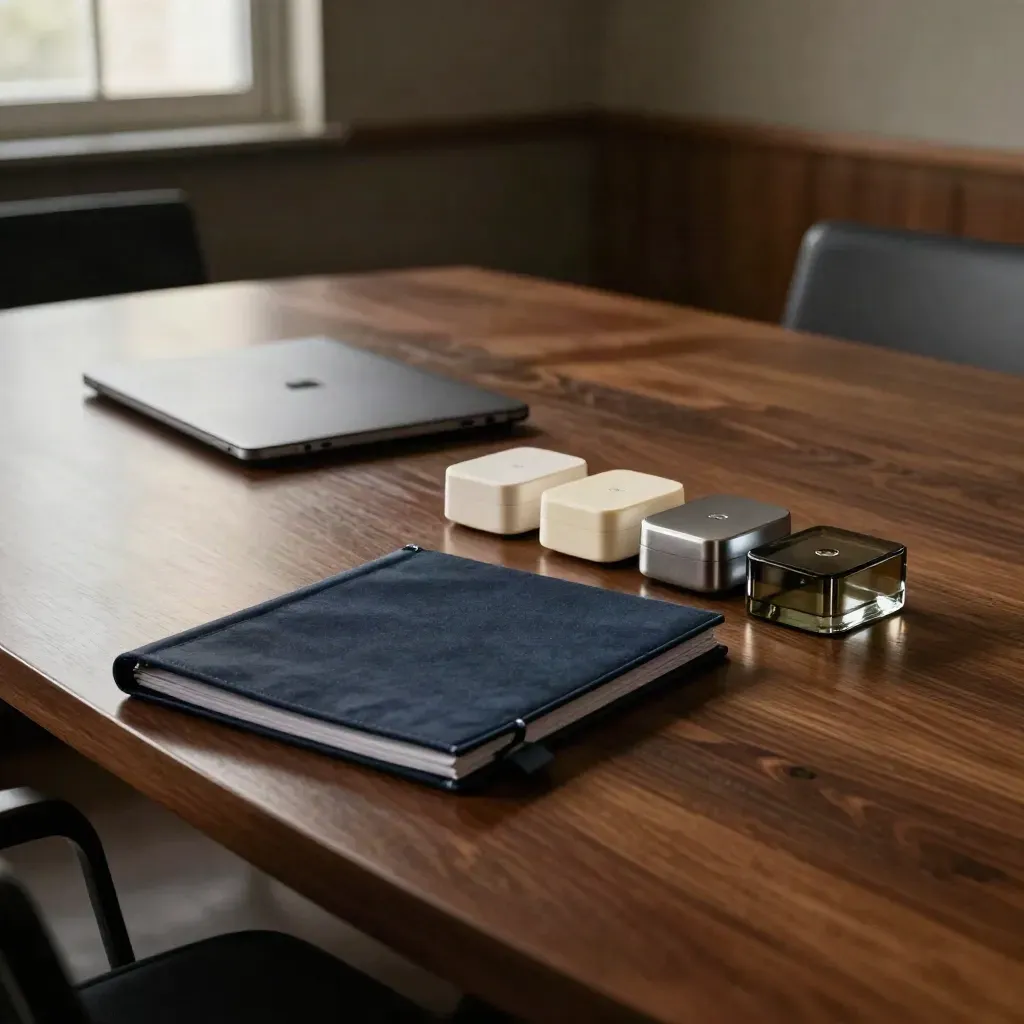 Boardroom table with shut laptop, closed binder, and three product samples in a hazy startup meeting room.