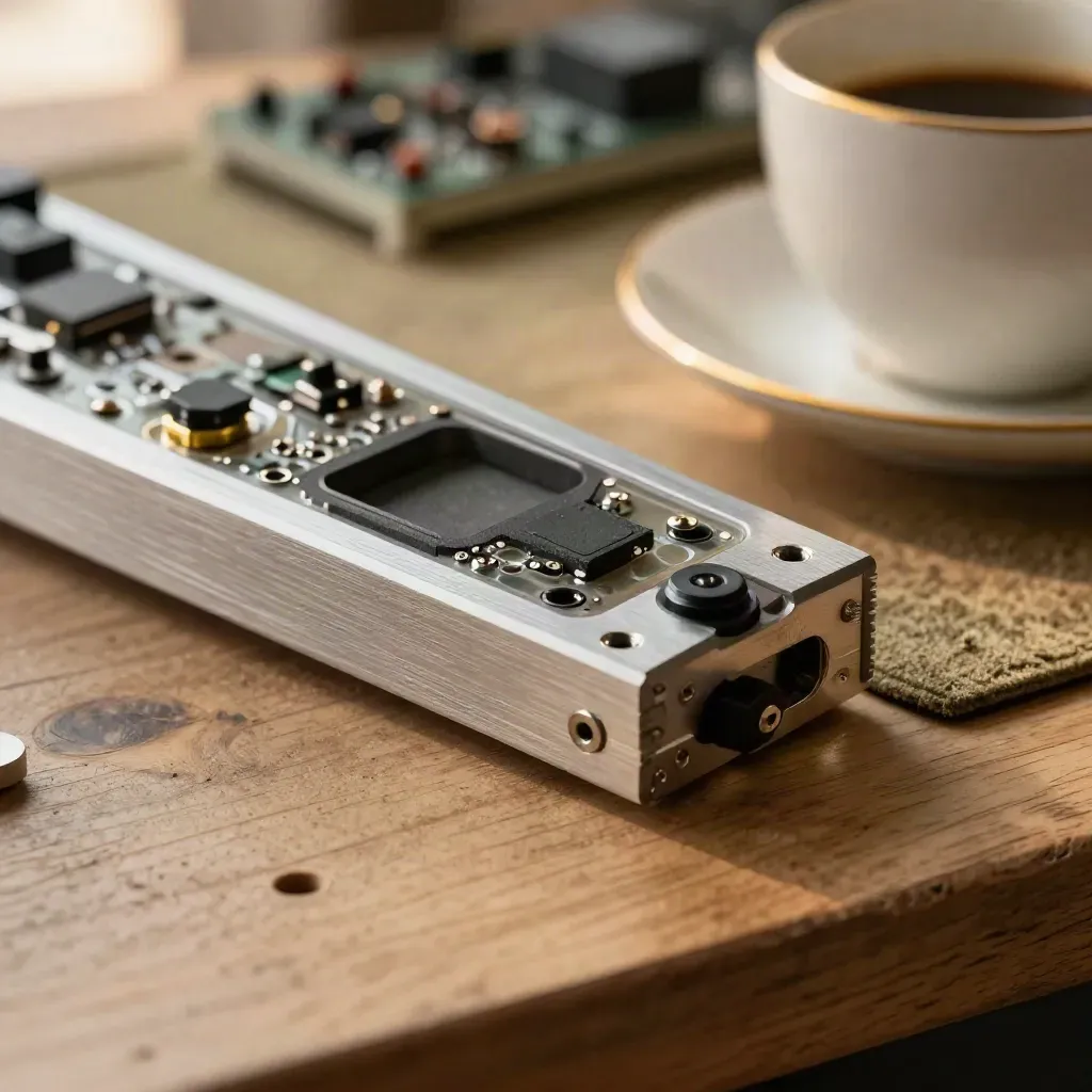 Macro of a hardware prototype with foam cut-outs and a coffee cup on a workbench.