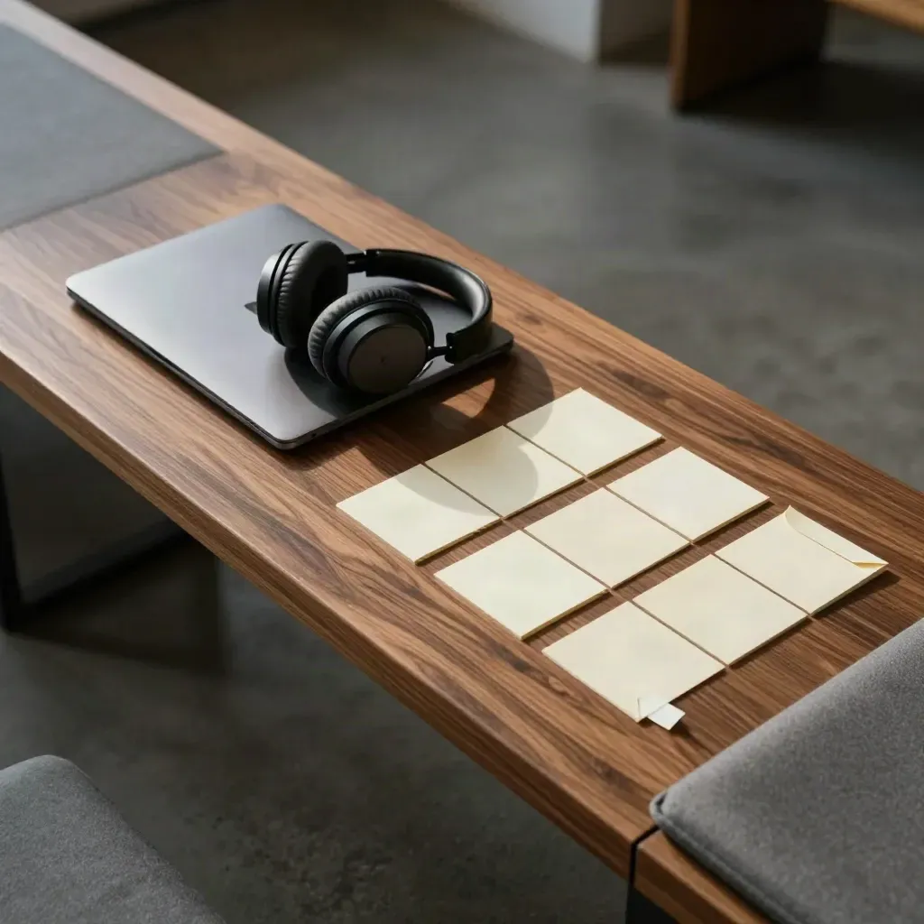 Closed laptop, headphones and sample cards on a coworking bench in cool overcast light.