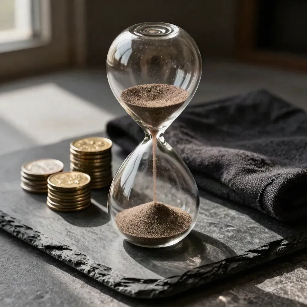 Hourglass, coin stacks, and folded cloth on dark stone in warm afternoon light